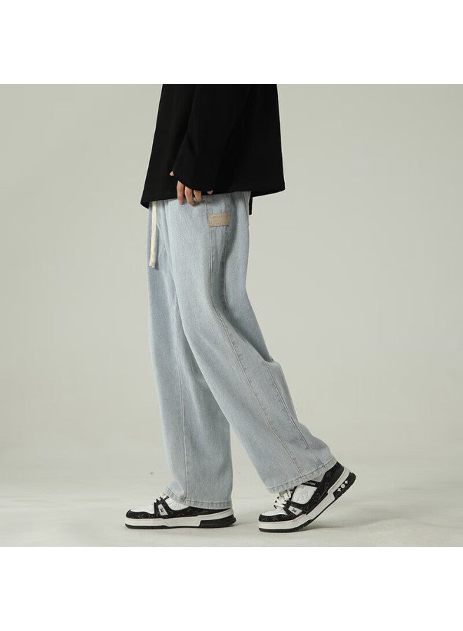 Izexx Elastic Waist Straight Leg Spring Denim Jeans For Men Washed Loose Casual Wide Leg Pants Zs61 Light Blue 2XL - Image 5