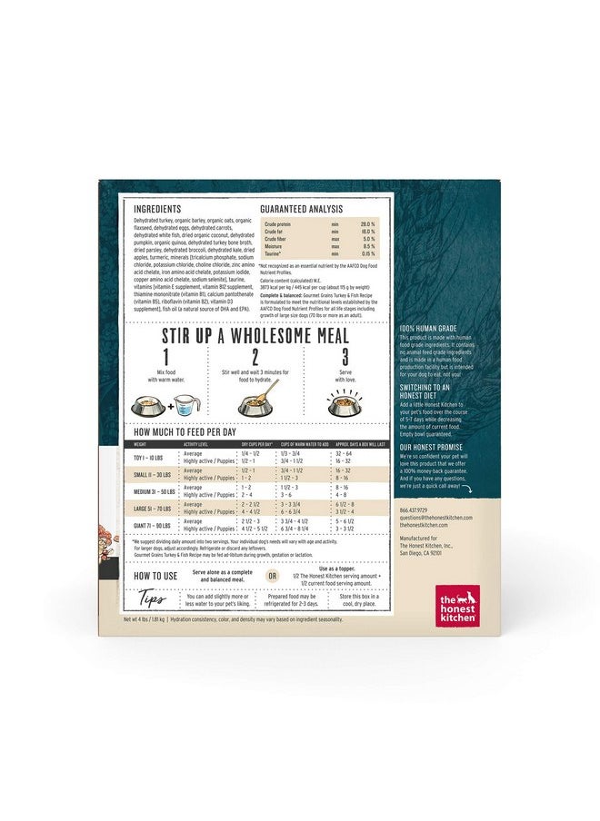 the honest kitchen - The Honest Kitchen Dehydrated Gourmet Grains Turkey & White Fish Dog Food, 4 lb Box - Image 1