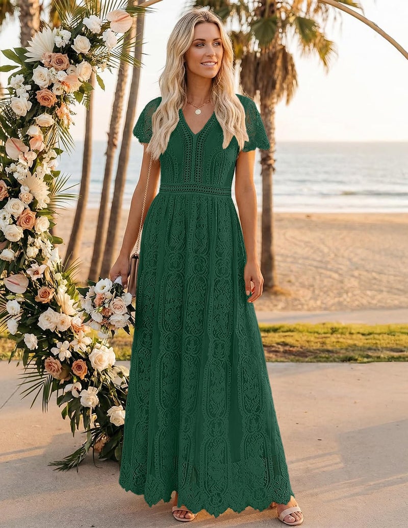 MEROKEETY Women's 2026 V Neck Short Sleeve Floral Lace Wedding Dress A Line Boho Bridesmaid Cocktail Party Maxi Dress, DarkGreen, Large - Image 3