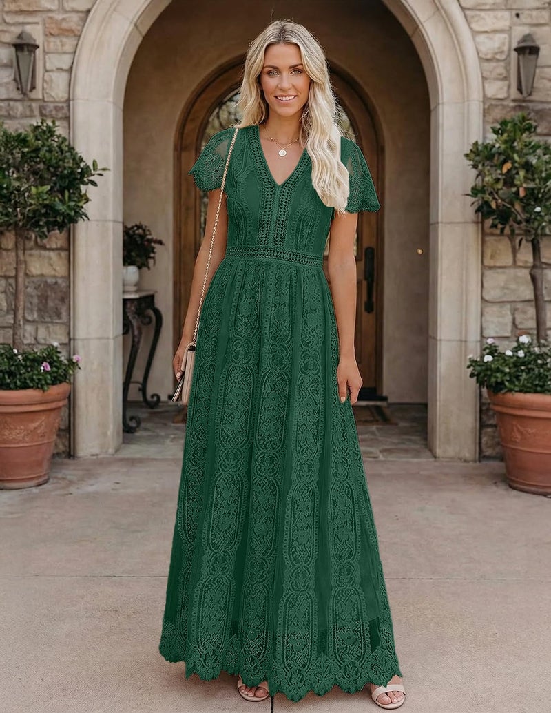 MEROKEETY Women's 2026 V Neck Short Sleeve Floral Lace Wedding Dress A Line Boho Bridesmaid Cocktail Party Maxi Dress, DarkGreen, Large - Image 2