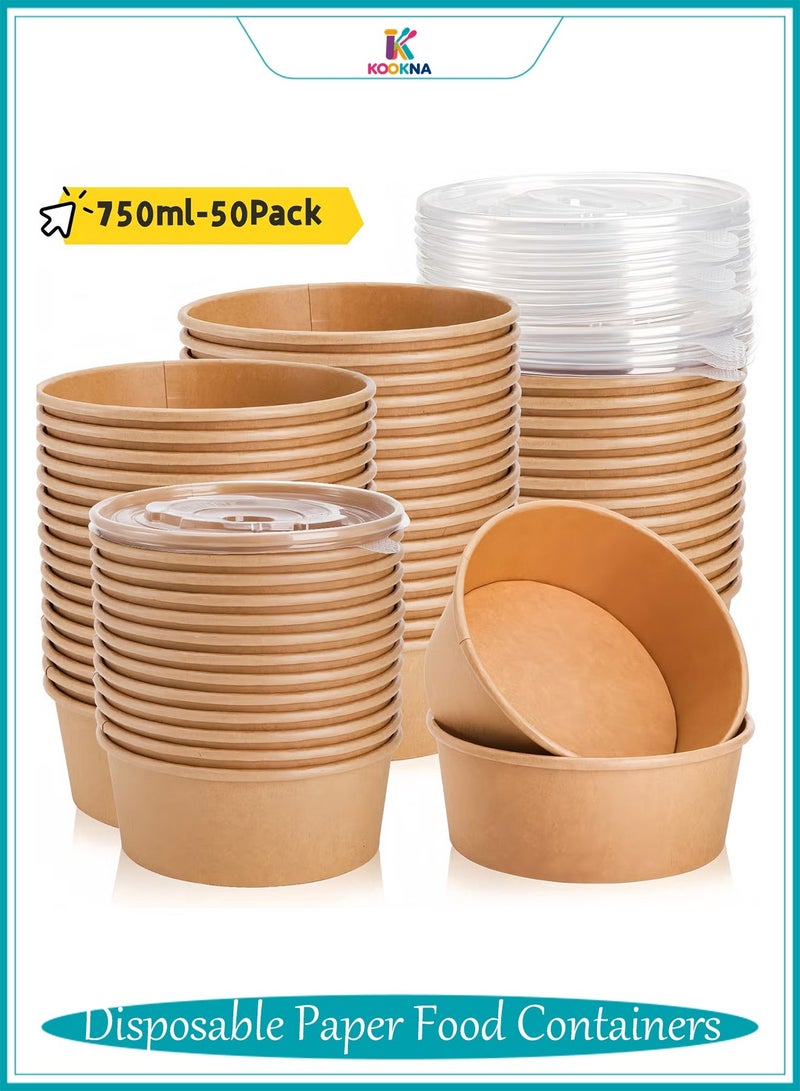 KOOKNA 50 Pack Disposable Food Containers with Lids, Kraft Paper Takeaway Salad Bowls, 750ml Round Food Containers for Meals and Catering, Leak-Resistant Paper Bowls for Restaurants and Home - Image 1