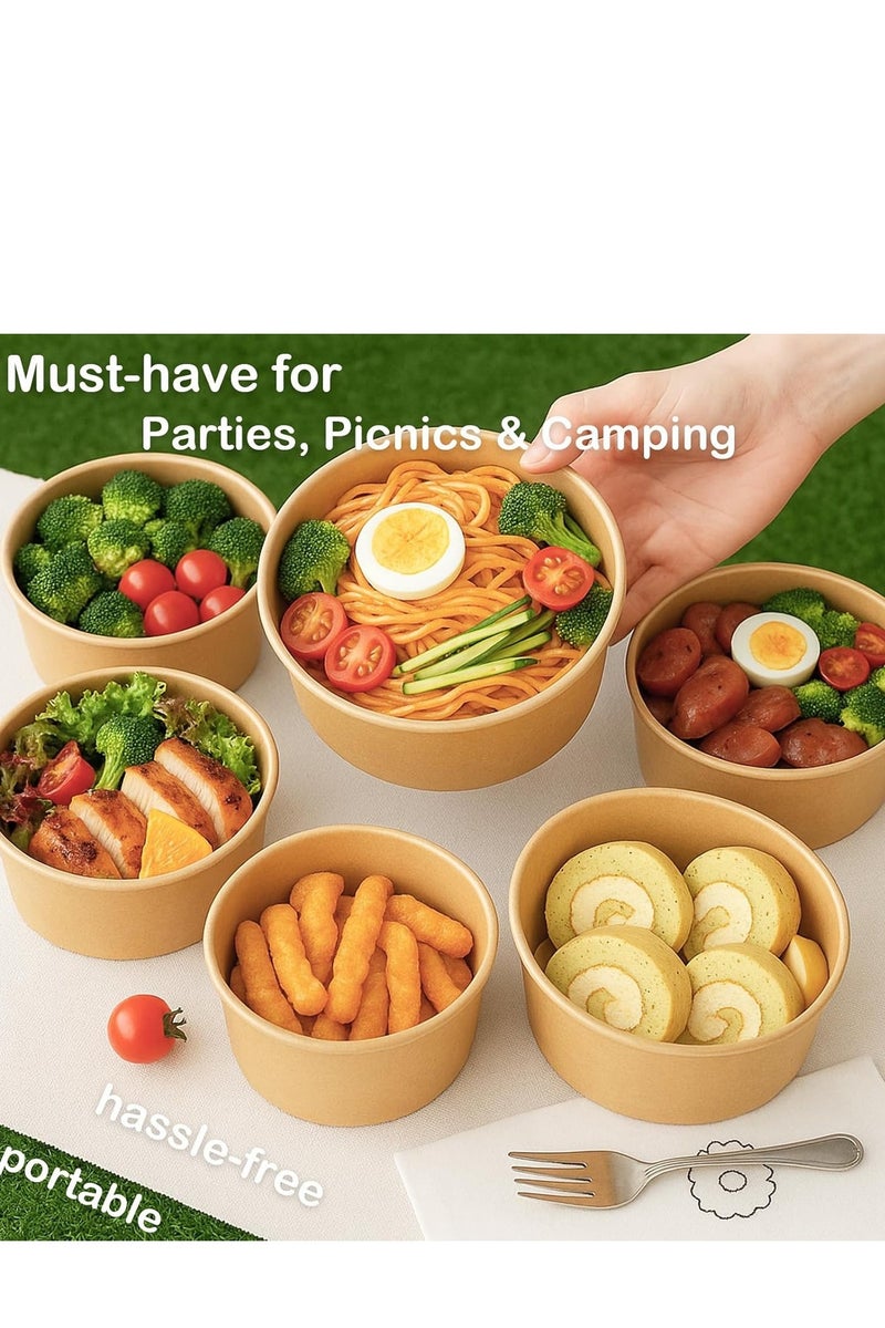 KOOKNA 50 Pack Disposable Food Containers with Lids, Kraft Paper Takeaway Salad Bowls, 750ml Round Food Containers for Meals and Catering, Leak-Resistant Paper Bowls for Restaurants and Home - Image 2