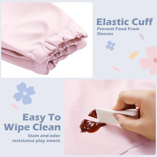 JaGely 4 Pack Long Sleeve Bibs Baby Smock Waterproof Sleeved Bids with Food Catcher for Baby Eating Feeding Ages 6-36 Months(Pastel Color) - Image 3