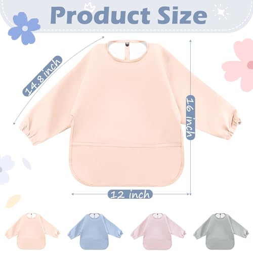 JaGely 4 Pack Long Sleeve Bibs Baby Smock Waterproof Sleeved Bids with Food Catcher for Baby Eating Feeding Ages 6-36 Months(Pastel Color) - Image 2