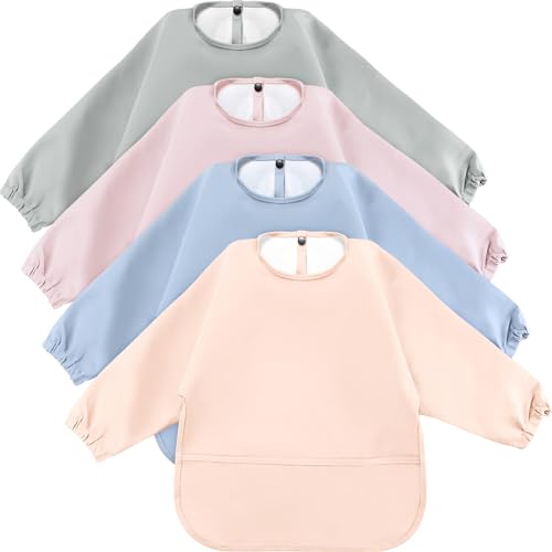 JaGely 4 Pack Long Sleeve Bibs Baby Smock Waterproof Sleeved Bids with Food Catcher for Baby Eating Feeding Ages 6-36 Months(Pastel Color) - Image 1