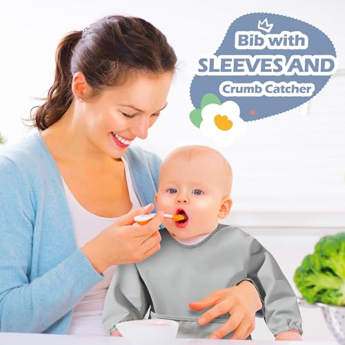 JaGely 4 Pack Long Sleeve Bibs Baby Smock Waterproof Sleeved Bids with Food Catcher for Baby Eating Feeding Ages 6-36 Months(Pastel Color) - Image 4
