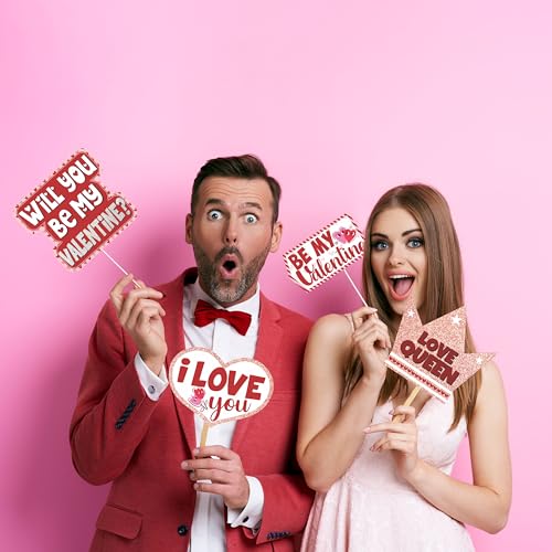 Wobbox Valentine Party Photo Booth Props for Couples, Happy Valentine Props for Photoshoot, Valentine Party Decoration, Valentine Day Party Decorations Items (Red & Light Pink- 29 Pcs) - Image 5