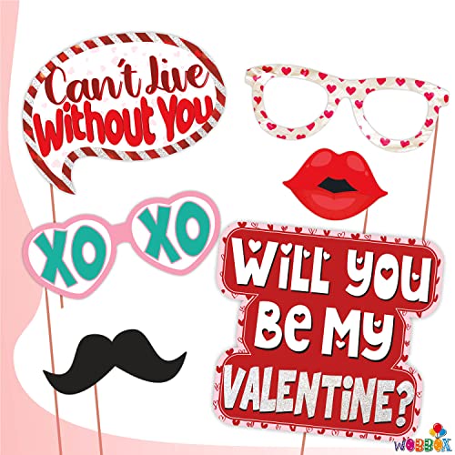 Wobbox Valentine Party Photo Booth Props for Couples, Happy Valentine Props for Photoshoot, Valentine Party Decoration, Valentine Day Party Decorations Items (Red & Light Pink- 29 Pcs) - Image 2