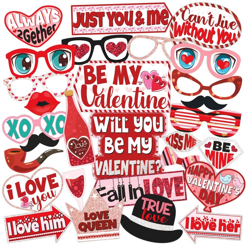Wobbox Valentine Party Photo Booth Props for Couples, Happy Valentine Props for Photoshoot, Valentine Party Decoration, Valentine Day Party Decorations Items (Red & Light Pink- 29 Pcs) - Image 1