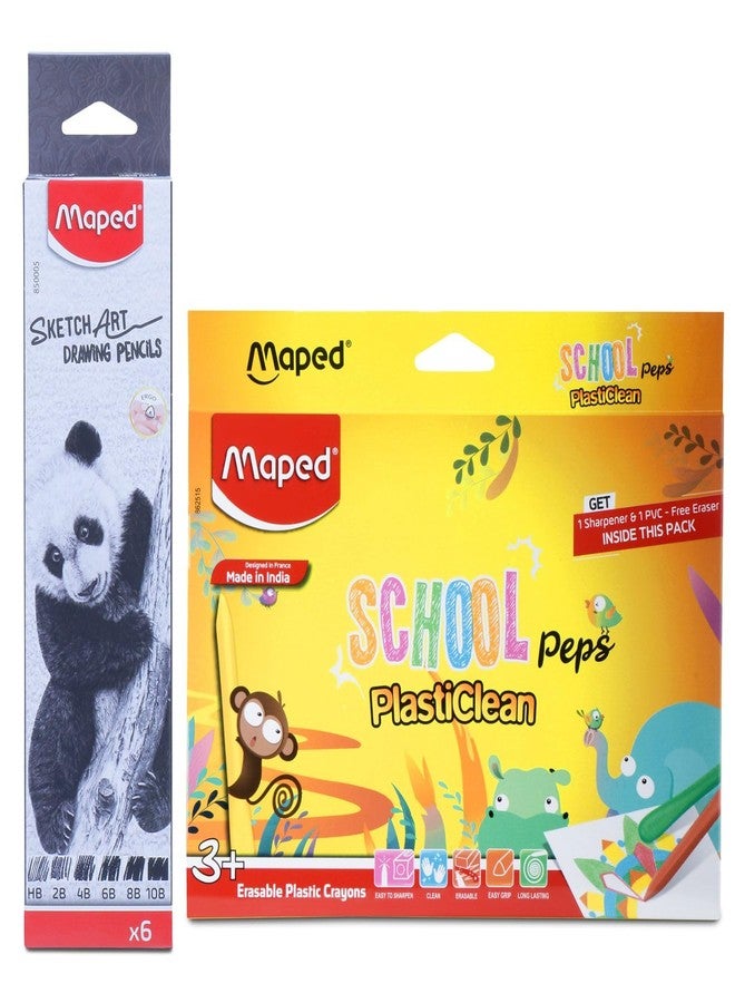 Maped Colouring Kit- 2Pack|6 Shading Pencils & 15 Plastic Crayons|Sketch Art Pencils|Erasable Crayons|Drawing Kit for Kid|Vivid & Bright Shades|Birthday gift|Summer Vacation Activity| Summer Camp gift