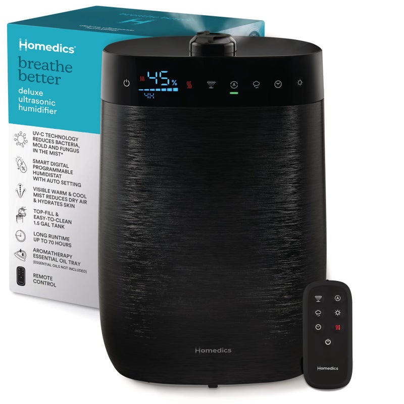 Homedics Deluxe Ultrasonic Humidifier for Large Rooms Warm or Cool Mist UVC Technology 15Gallon Top Fill Tank Smart Digital Programmable Humidistat Home Dry Air Relief Aromatherapy