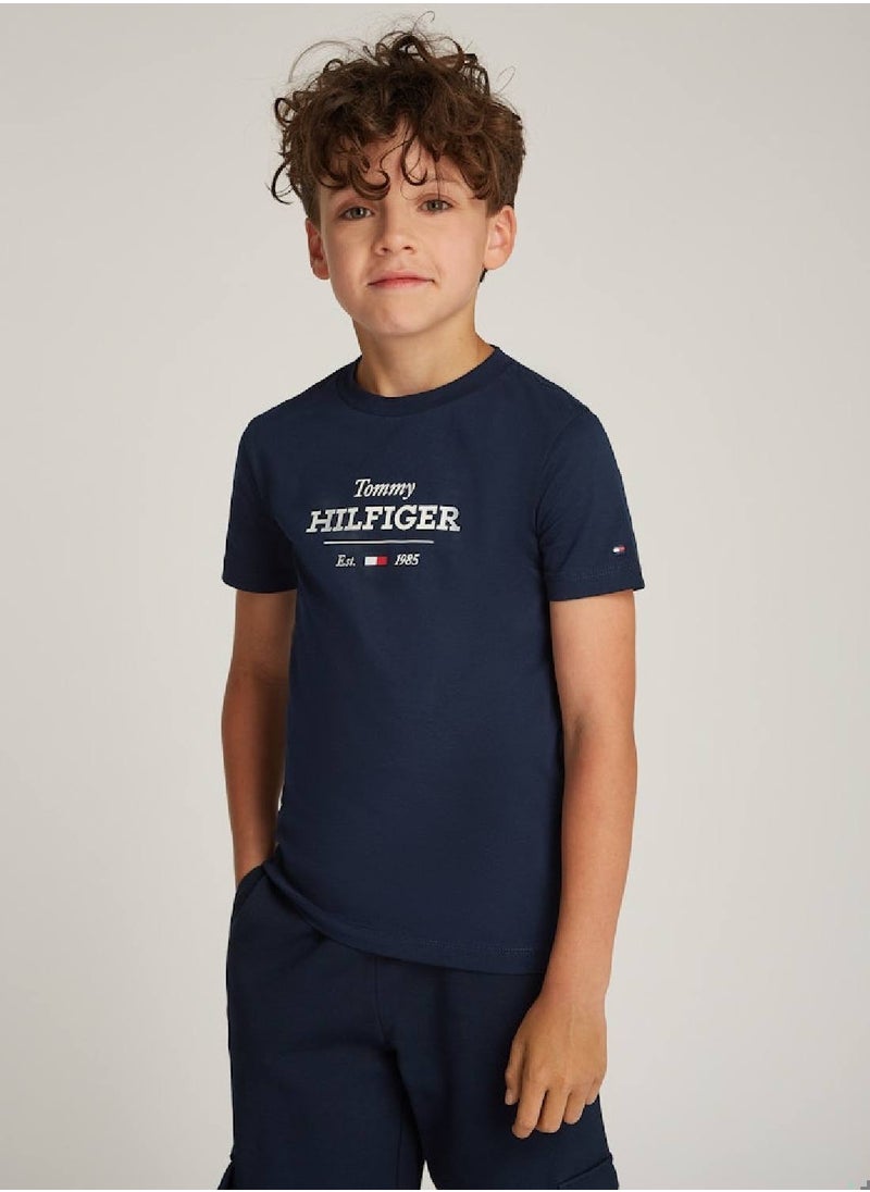 TOMMY HILFIGER Boys Monotype 1985 Regular T-shirt - Cotton, Blue  - Image 1