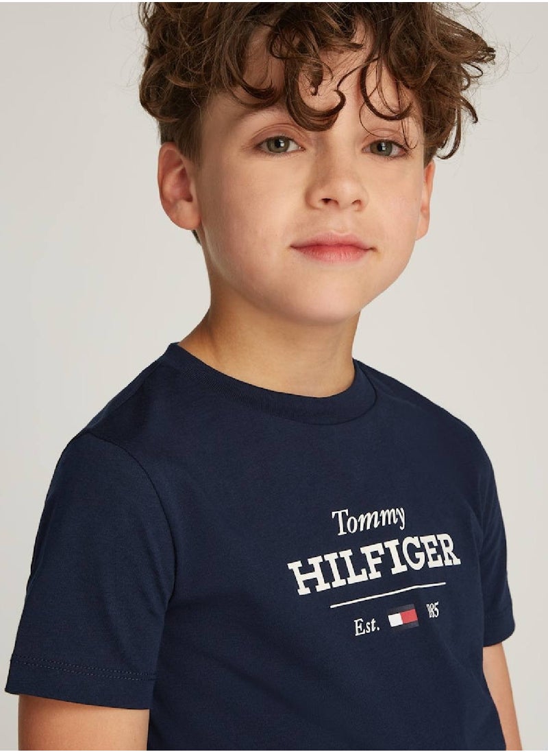 TOMMY HILFIGER Boys Monotype 1985 Regular T-shirt - Cotton, Blue  - Image 3
