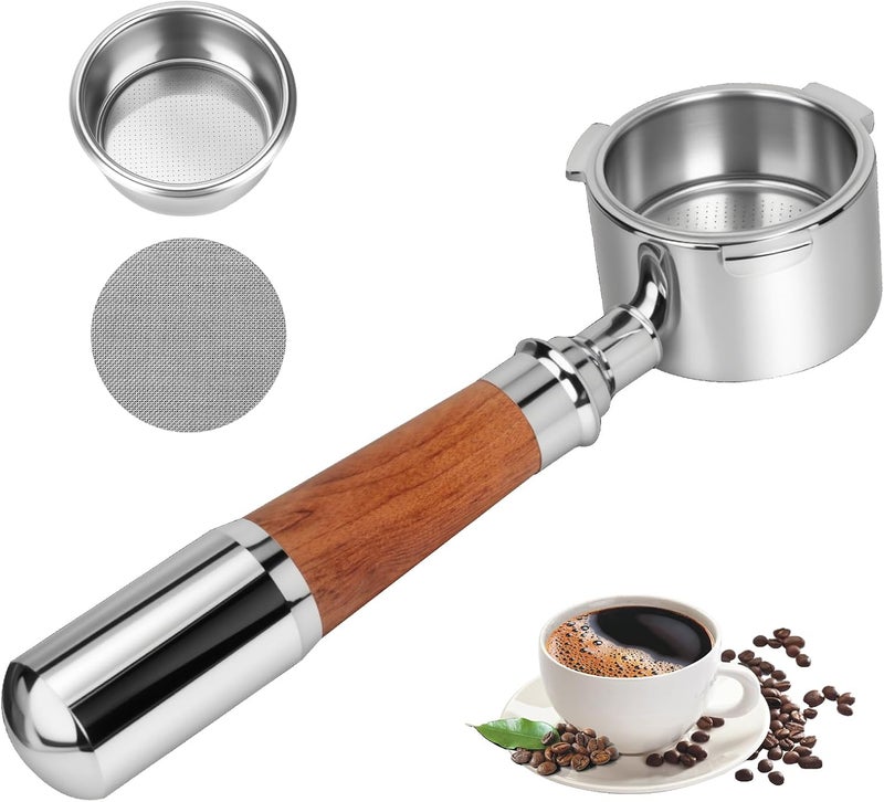 ROMON Bottomless Portafilter 51 mm, Compatible with DeLonghi Dedica EC680/EC685/EC885/EC890, 3 Ears Portafilter Made of 304 Stainless Steel with Wooden Handle and Filter - Image 1