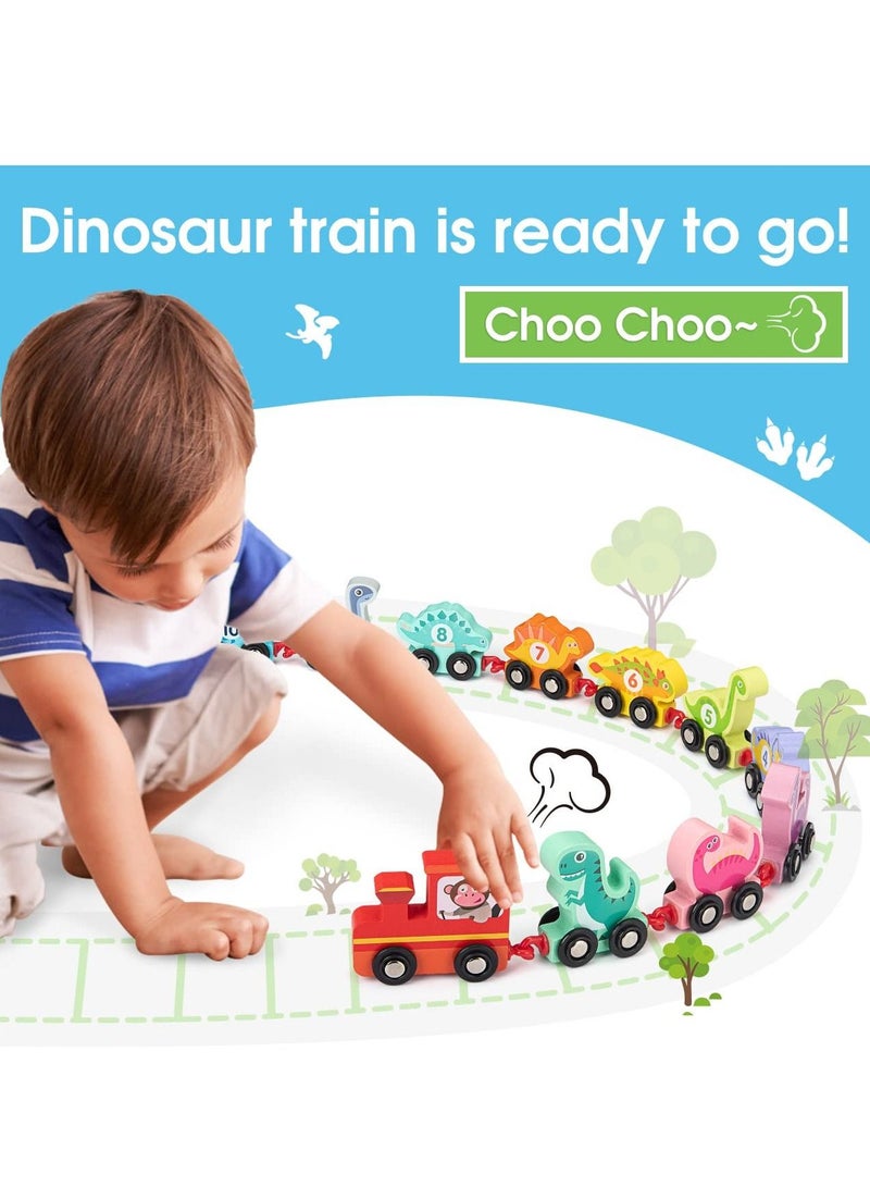 SYOSI 11 PCS Toy Cars for 1 2 3 Year Old Boy Girls Gifts, with Wooden Dinosaur Train Cars with Numbers,Educational Toy Train Set for 2 3 4 Year Old Birthday Gifts Baby Toys 12 18 Months for Infant Toddler - Image 2