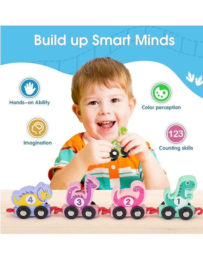 SYOSI 11 PCS Toy Cars for 1 2 3 Year Old Boy Girls Gifts, with Wooden Dinosaur Train Cars with Numbers,Educational Toy Train Set for 2 3 4 Year Old Birthday Gifts Baby Toys 12 18 Months for Infant Toddler - Image 3