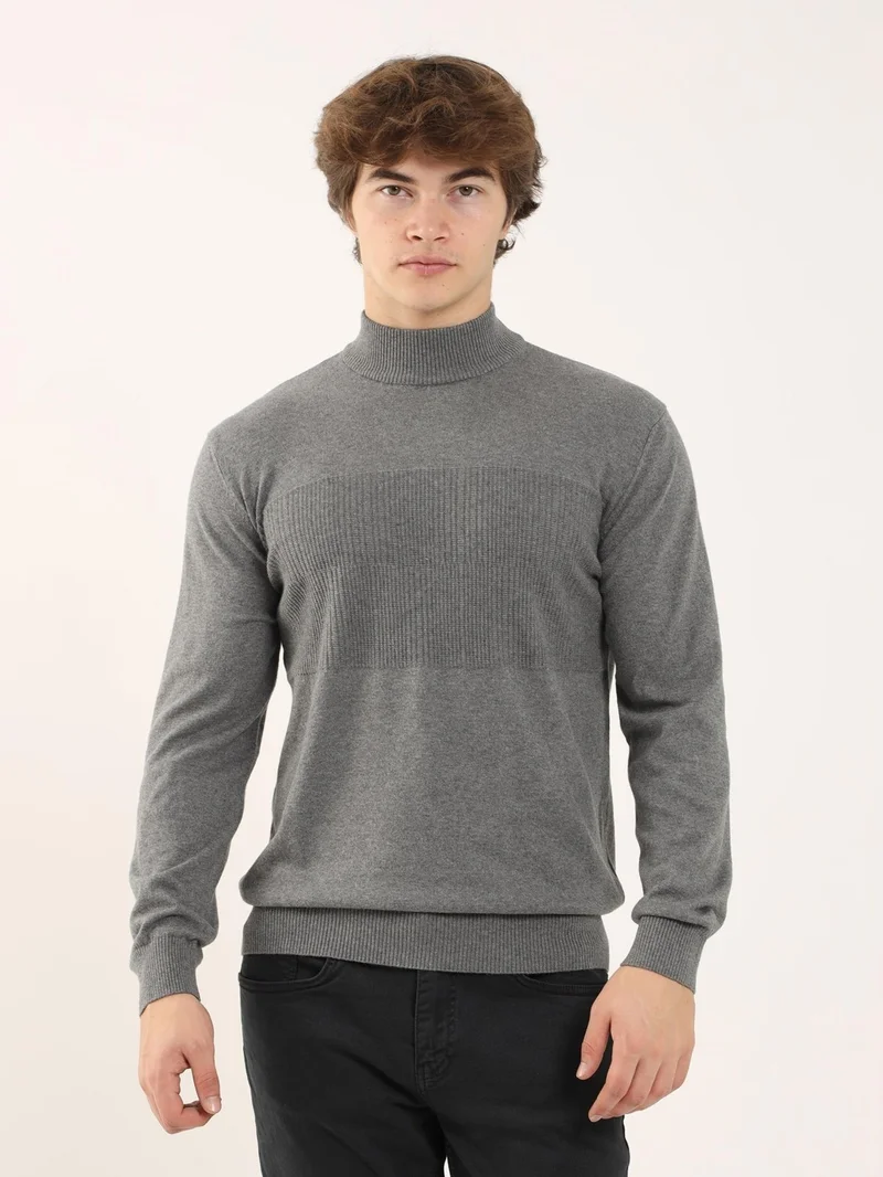 Dufy Gray Melange Men's Regular Fit Stand-Up Collar Knitwear - 90649