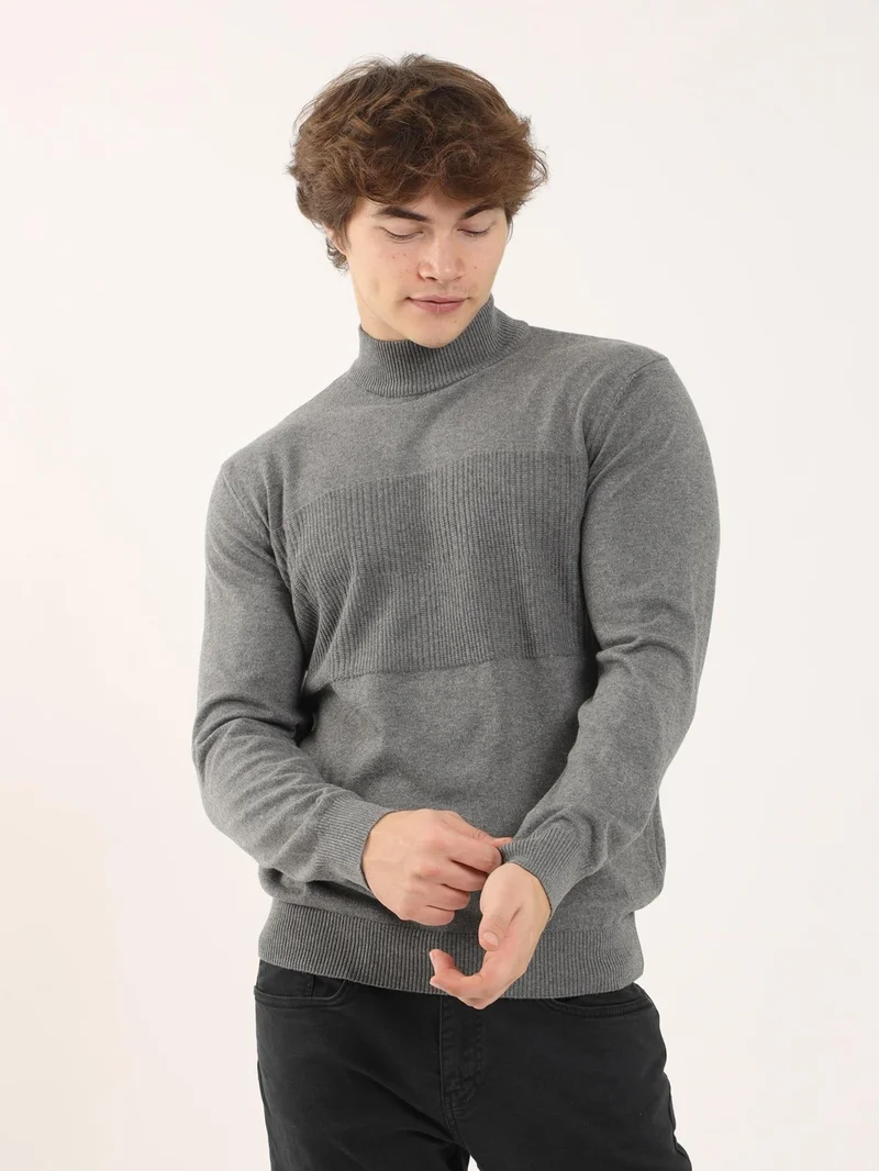 Dufy Gray Melange Men's Regular Fit Stand-Up Collar Knitwear - 90649