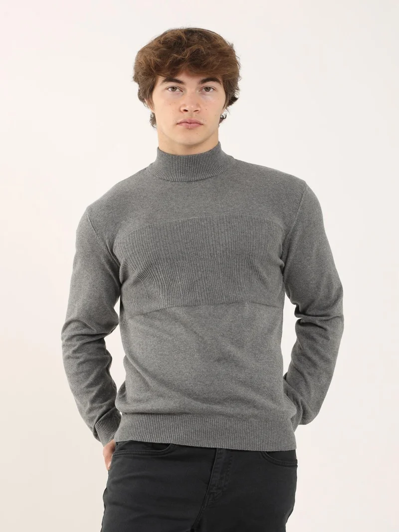 Dufy Gray Melange Men's Regular Fit Stand-Up Collar Knitwear - 90649