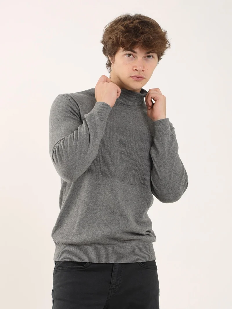 Dufy Gray Melange Men's Regular Fit Stand-Up Collar Knitwear - 90649