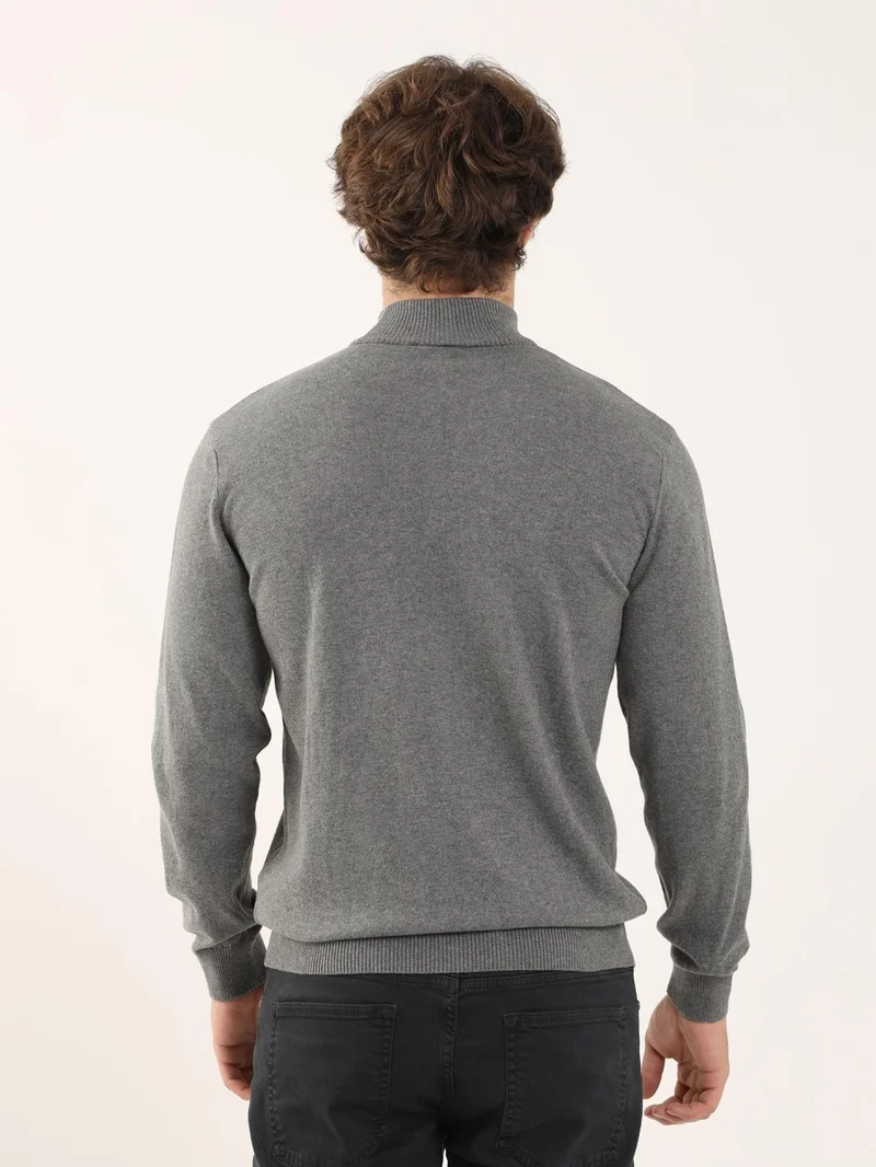 Dufy Gray Melange Men's Regular Fit Stand-Up Collar Knitwear - 90649