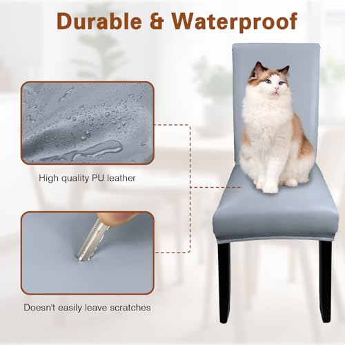 WUSOUPU Gray Leather Chair Covers for Dining Chairs Set of 4, Faux Leather Dining Chair Covers Removable Wipeable Parson Chair Covers Leather, Stretch Waterproof Chair Seat Covers for Dining Chairs - Image 4