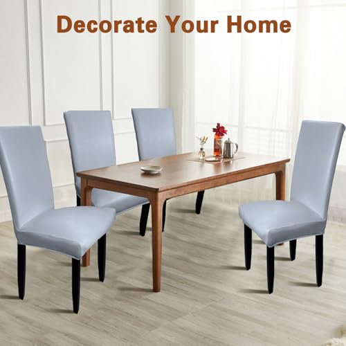 WUSOUPU Gray Leather Chair Covers for Dining Chairs Set of 4, Faux Leather Dining Chair Covers Removable Wipeable Parson Chair Covers Leather, Stretch Waterproof Chair Seat Covers for Dining Chairs - Image 2