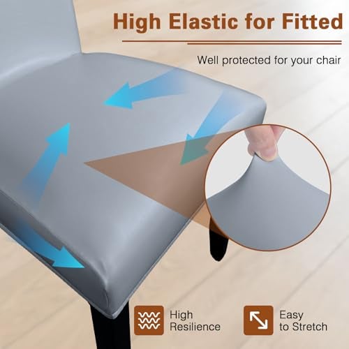 WUSOUPU Gray Leather Chair Covers for Dining Chairs Set of 4, Faux Leather Dining Chair Covers Removable Wipeable Parson Chair Covers Leather, Stretch Waterproof Chair Seat Covers for Dining Chairs - Image 3