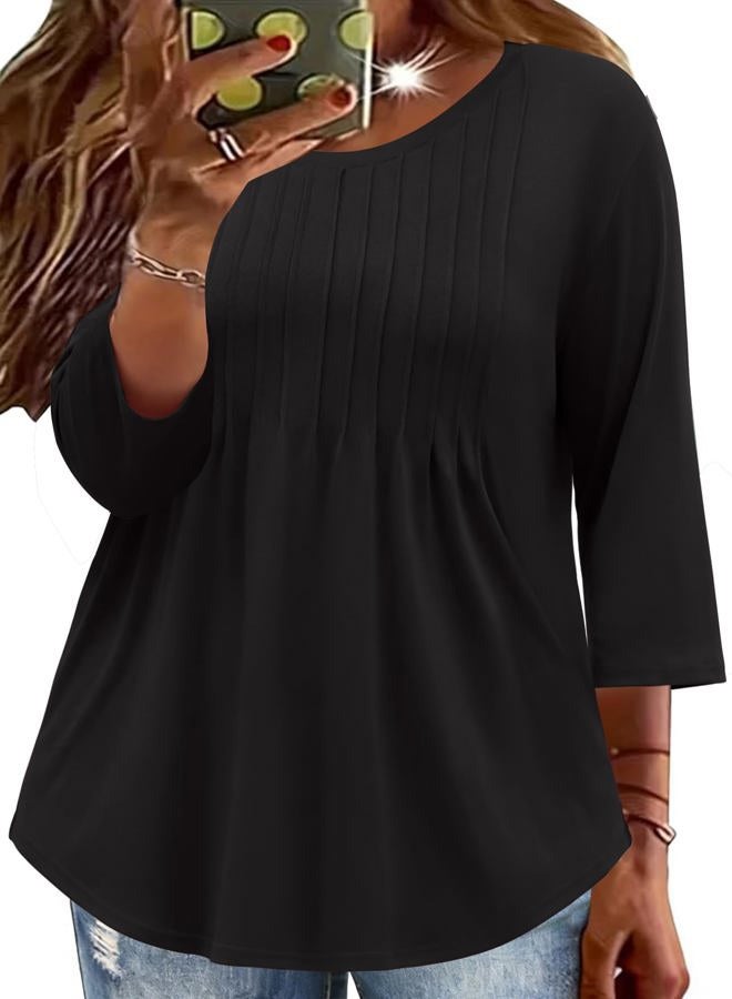 TFSDOD Womens Plus Size Tops 3/4 Length Sleeve Womens Tops Crewneck Pleated Boho Tunic Casual Shirts XL-5X, Black, 4XL - Image 1