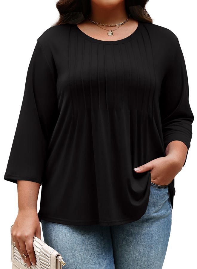 TFSDOD Womens Plus Size Tops 3/4 Length Sleeve Womens Tops Crewneck Pleated Boho Tunic Casual Shirts XL-5X, Black, 4XL - Image 2