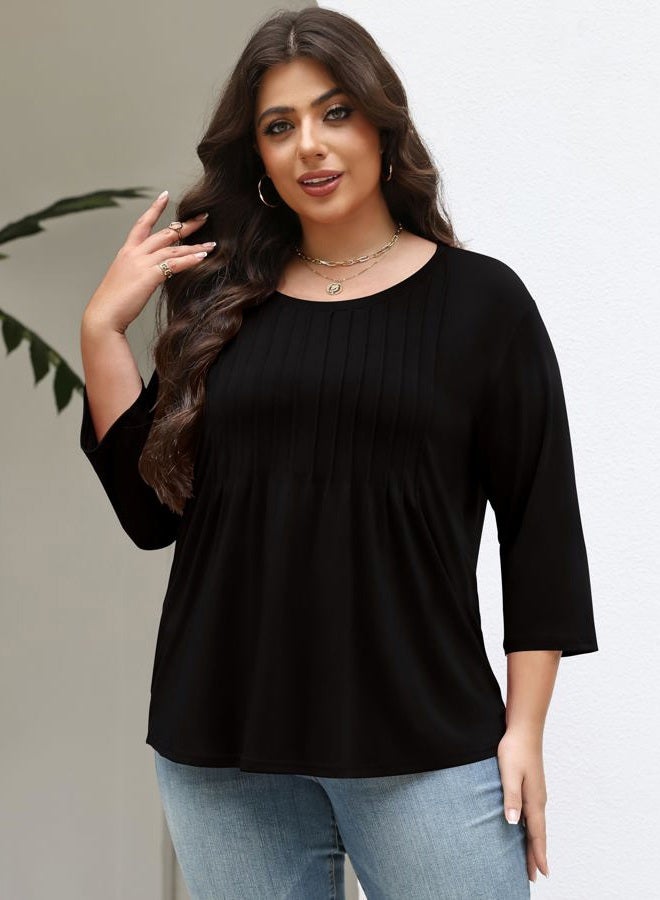 TFSDOD Womens Plus Size Tops 3/4 Length Sleeve Womens Tops Crewneck Pleated Boho Tunic Casual Shirts XL-5X, Black, 4XL - Image 4