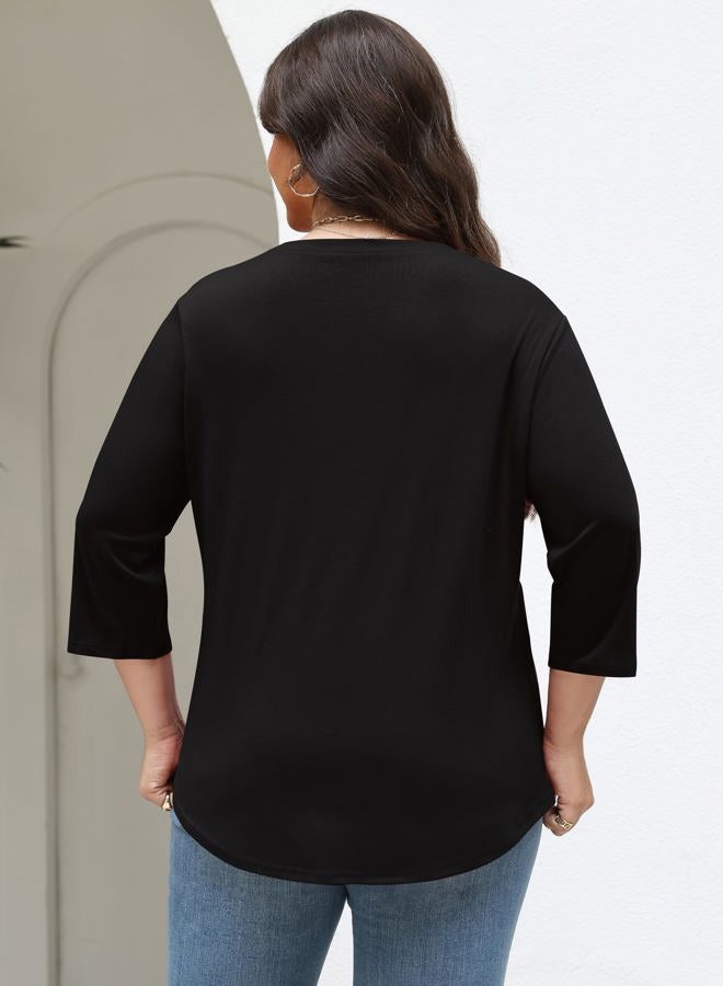 TFSDOD Womens Plus Size Tops 3/4 Length Sleeve Womens Tops Crewneck Pleated Boho Tunic Casual Shirts XL-5X, Black, 4XL - Image 5