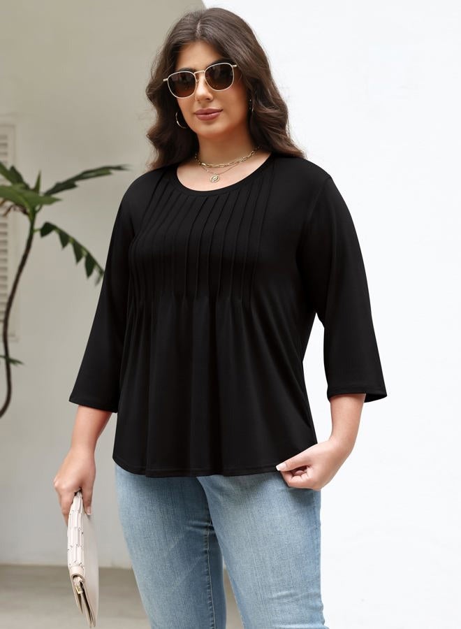 TFSDOD Womens Plus Size Tops 3/4 Length Sleeve Womens Tops Crewneck Pleated Boho Tunic Casual Shirts XL-5X, Black, 4XL - Image 3