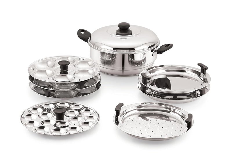 Sonu Stainless Steel Triply Base Multi Kadhai with Regular idly Palate, Dhokla Plate Steamer Plate and Mini Idly Plate