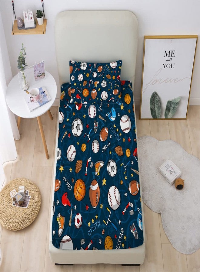 Gusuhome Boys Sports Fitted Sheet Twin Size 3D Soccer Basketball Baseball Football Bedding for Kids Teens Bedroom Comfy Deep Pocket Bed Sheet Set Decorative for Sports Fans Blue - Image 2