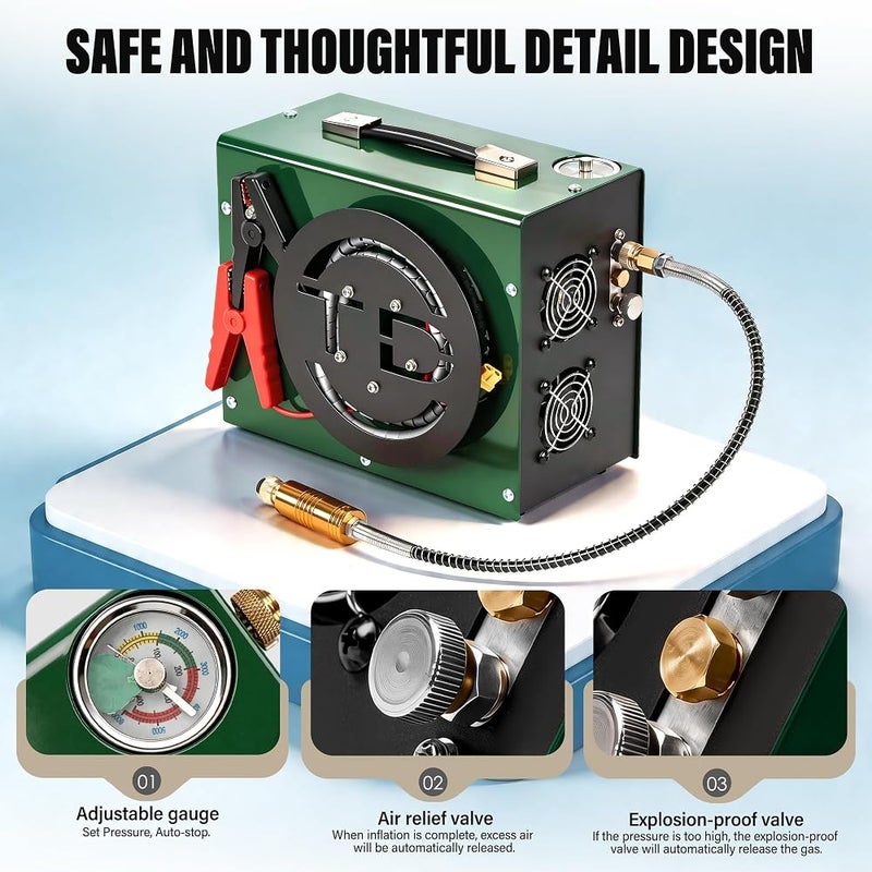 TUDIVING 4500 psi Air Compressor, 12V DC/220V AC, Auto Shut Off, Oil-Free & Waterless, Fast Inflation, HPA Submersible Compressor Pump Filling Station for Diving, PCP and - Image 2