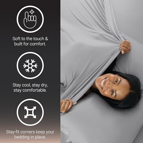 SHEEX - Active Comfort Cooling Sheets Set (King/California King) Pewter - Moisture Wicking - 1 Flat Cooling Sheet, 1 Fitted Cooling Sheet, 2 Cooling Pillow Covers - Wrinkle Free - Sleep Aid - Image 2