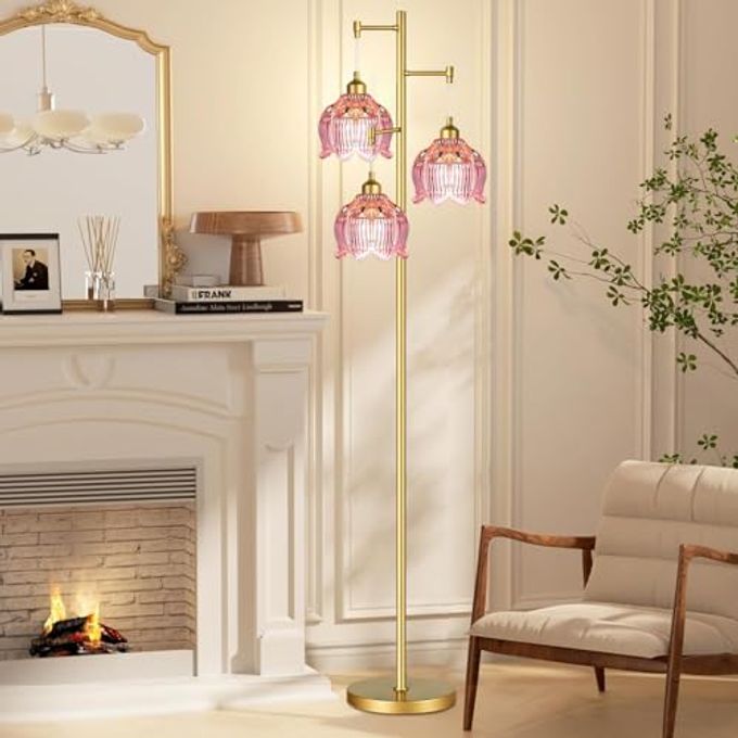 ILLMTW Glass Floor Lamp for Living Room,Bedroom,Gold Flower Mid Century Modern Standing Lamp Brass Tree 3 Light Tall Floor Lamps Vintage Floor Lights Pink Lamp Shade Farmhouse Boho Bohemian - Image 3