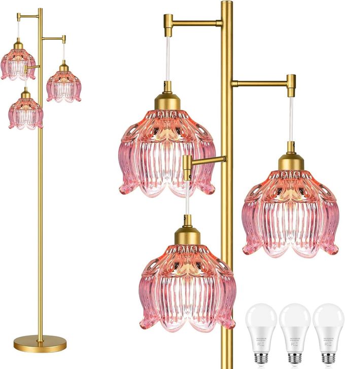 ILLMTW Glass Floor Lamp for Living Room,Bedroom,Gold Flower Mid Century Modern Standing Lamp Brass Tree 3 Light Tall Floor Lamps Vintage Floor Lights Pink Lamp Shade Farmhouse Boho Bohemian - Image 4