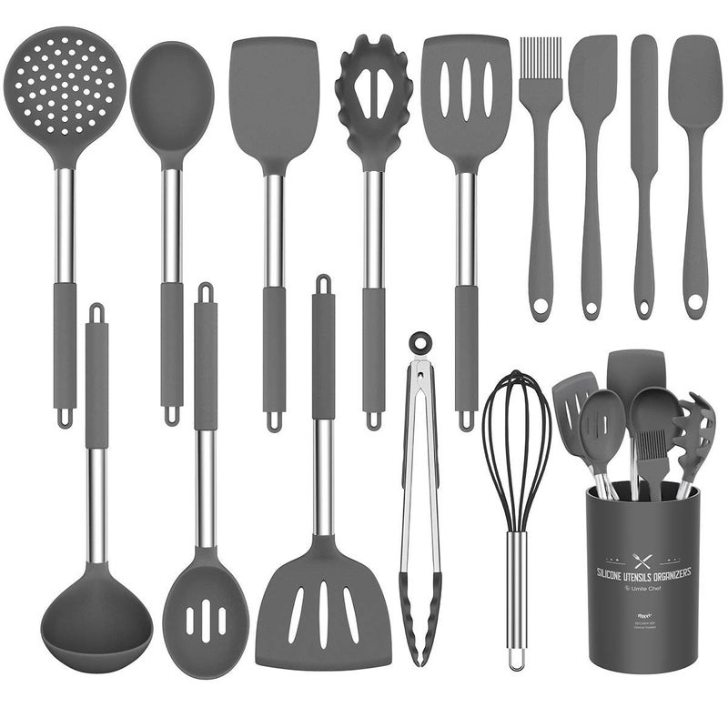 Silicone Cooking Utensil SetUmite Chef Kitchen Utensils 15pcs Set Nonstick Heat Resistan BPAFree Stainless Steel Handle Tools Whisk  Grey