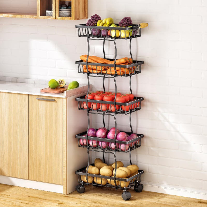 Fruit Basket Kitchen Pantry Organizers and Storage  5 Tier Stackable Metal Wire Basket Stand for Fruit Vegetable Snacks Jars Bins Containers Organization Black
