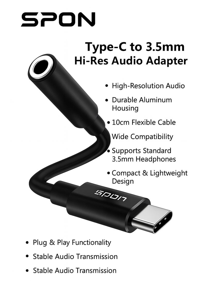 SPON Type-C to 3.5mm Audio Adapter – 10cm Cable – High-Resolution Sound for Phones & Tablets - Image 2