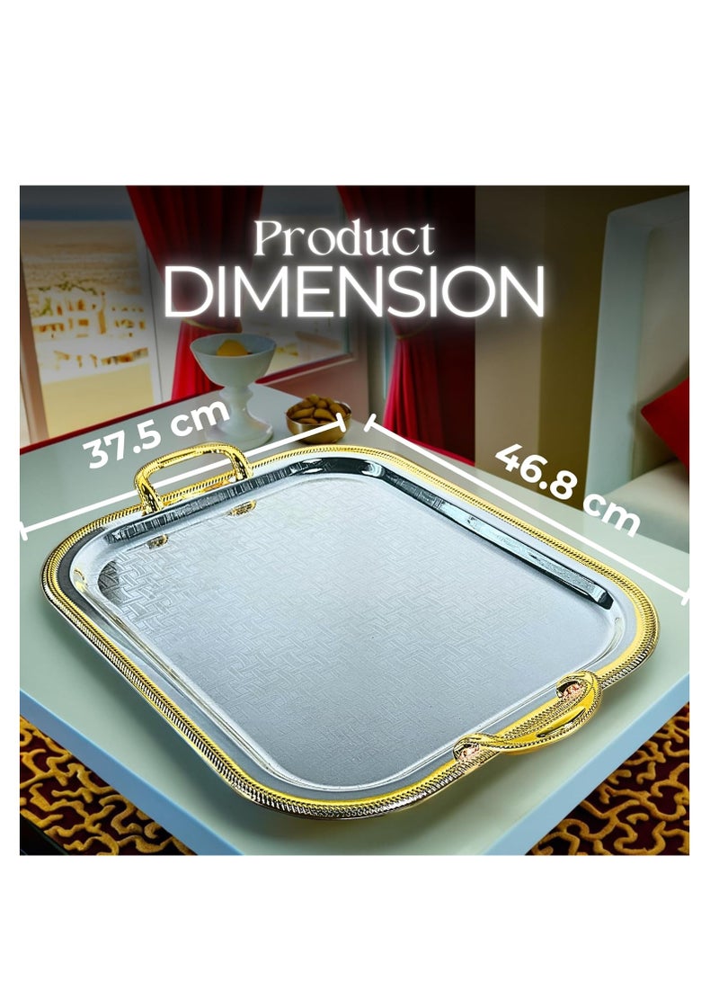 دبيلو تي- إيزي كير صينية تقديم مطلية بالكروم فضية/ذهبية بمقابض - صينية فولاذية مستطيلة الشكل بلمسة نهائية عاكسة، متعددة الاستخدامات للبوفيه، وغرفة الطعام، وغرفة المعيشة، وديكور غرفة النوم، والهدايا، 47 × 37.5 سم (طول × عرض) - Image 2