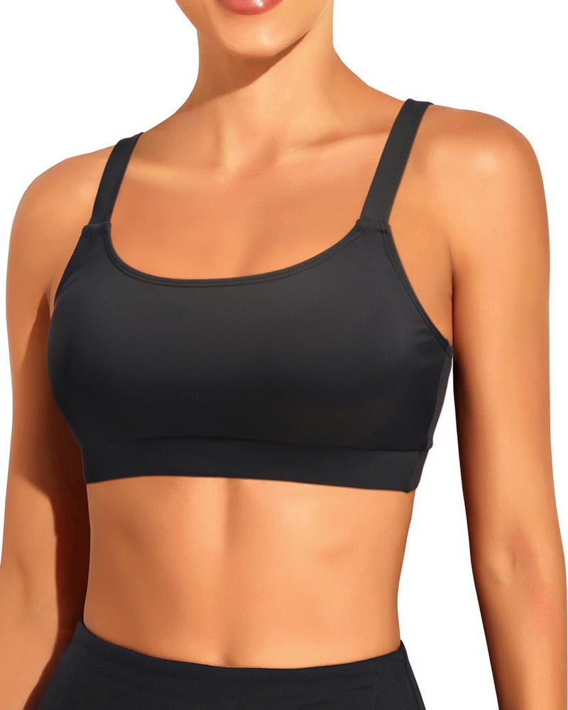 Tempt Me Women Black Sports Bra Bikini Tops Scoop Neck Bathing Suits Top Padded Swim Crop Tops Only L - Image 1