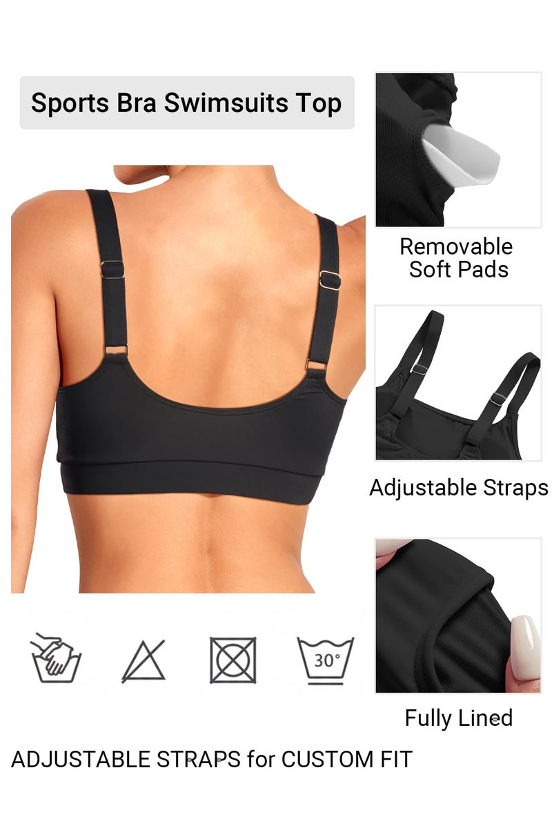 Tempt Me Women Black Sports Bra Bikini Tops Scoop Neck Bathing Suits Top Padded Swim Crop Tops Only L - Image 3