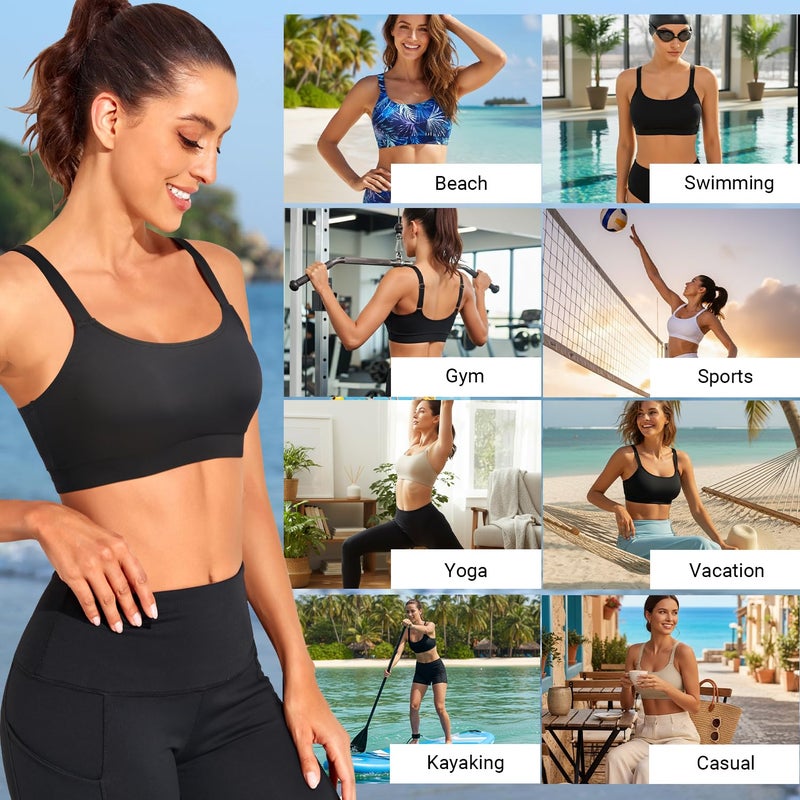 Tempt Me Women Black Sports Bra Bikini Tops Scoop Neck Bathing Suits Top Padded Swim Crop Tops Only L - Image 2