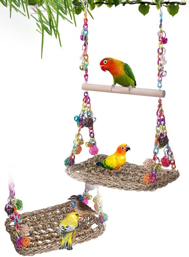 ألعاب تأرجح الطيور مع عارضة خشبية، منصة للطيور مصنوعة من حشائش البحر، مزلاج للطيور لتسلق وتعليق، منصة للطيور، لعبة مضغ. - Image 1