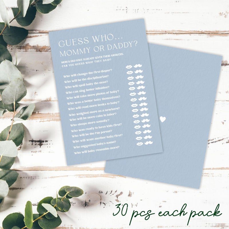 Tabyon Minimalism Baby Shower Game Kits - Guess Who Mommy Or Daddy - Mist Blue - 30 Fill in Style Game Cards Each Set, Gender Reveal, Baby Announcement, Party Favor & Decor - B03 - Image 3