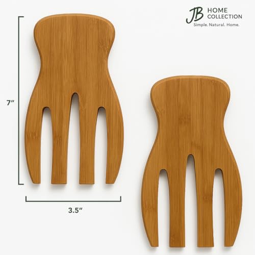 JB Home Collection 4564, Natural Bamboo Salad Hands – Set of 2 Wooden Salad Servers with Thumb Grip, Eco-Friendly Utensils for Tossing and Serving, Lightweight and Durable, 7” Long - Image 2