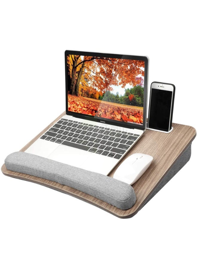 مكتب الكمبيوتر المحمول مع وسادة، 17 "x 13" سم، تصميم حبوب خشبية، وسادة معصم رمادية، حامل الهاتف والأجهزة اللوحية - Image 1